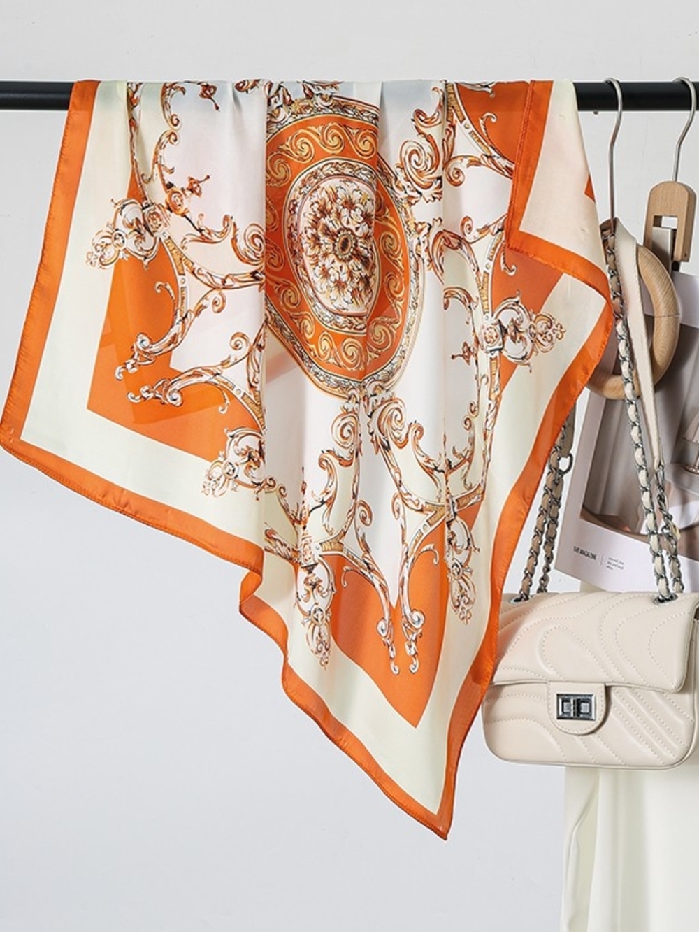 Silk-feel Orange & Cream Printed Silk Scarf - Neck, Head 70*70cm